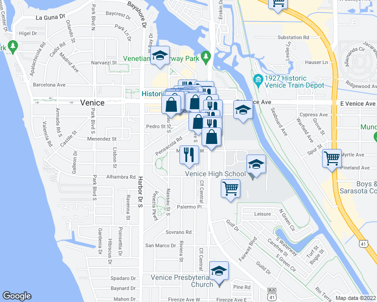 map of restaurants, bars, coffee shops, grocery stores, and more near 300 Nokomis Avenue South in Venice