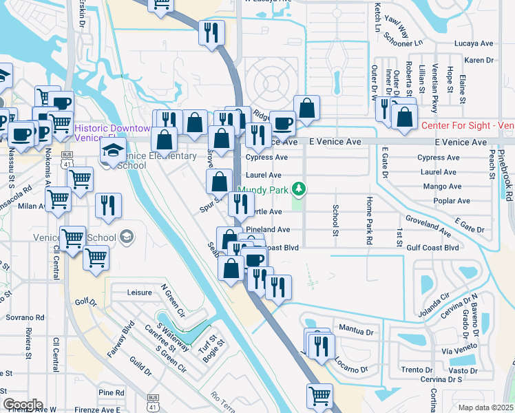 map of restaurants, bars, coffee shops, grocery stores, and more near 725 Myrtle Avenue in Venice