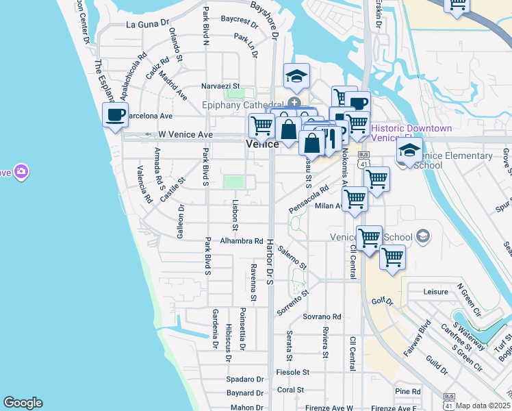 map of restaurants, bars, coffee shops, grocery stores, and more near 409 Armada Road in Venice