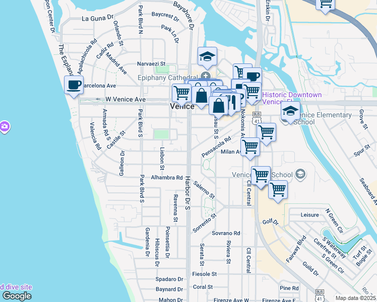 map of restaurants, bars, coffee shops, grocery stores, and more near 300 Harbor Drive South in Venice