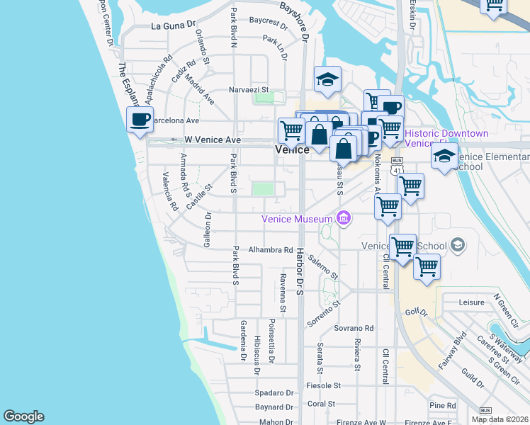 map of restaurants, bars, coffee shops, grocery stores, and more near 429 Armada Road South in Venice