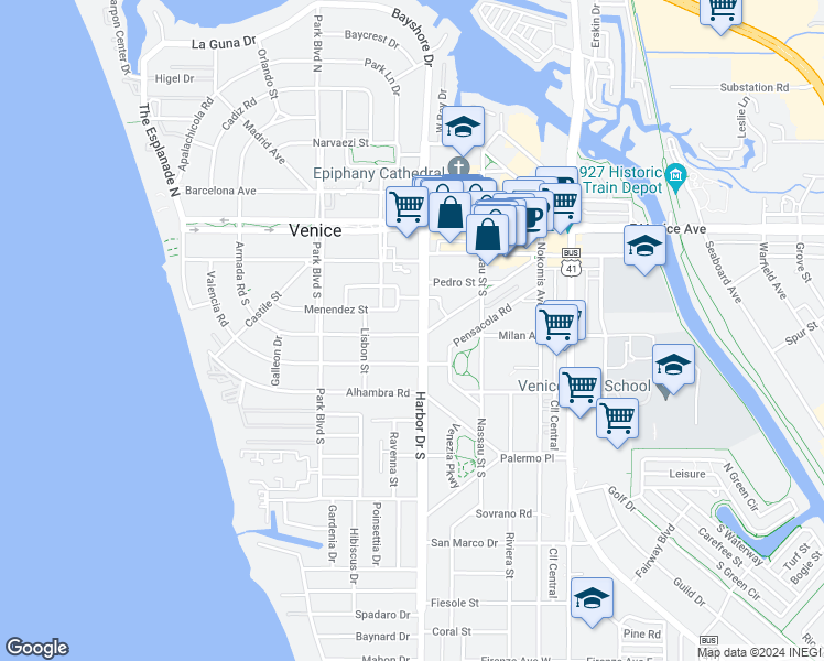 map of restaurants, bars, coffee shops, grocery stores, and more near 300 Harbor Drive South in Venice
