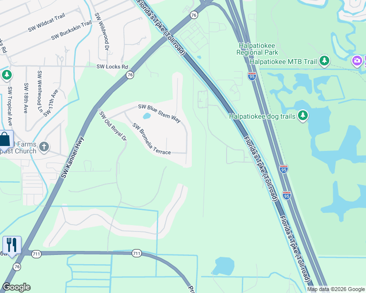 map of restaurants, bars, coffee shops, grocery stores, and more near 725 Southwest Blue Stem Way in Stuart