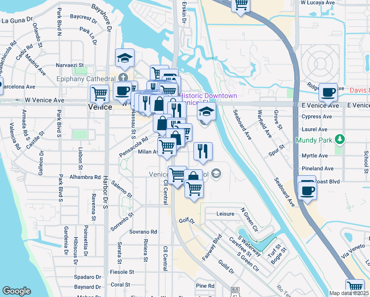 map of restaurants, bars, coffee shops, grocery stores, and more near 113 Milan Avenue East in Venice