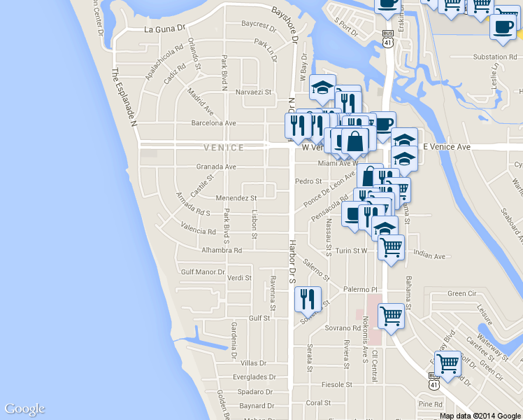 map of restaurants, bars, coffee shops, grocery stores, and more near 429 Armada Road South in Venice