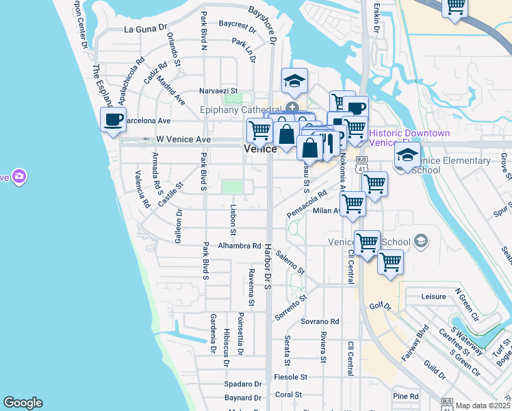 map of restaurants, bars, coffee shops, grocery stores, and more near 300 Harbor Drive South in Venice