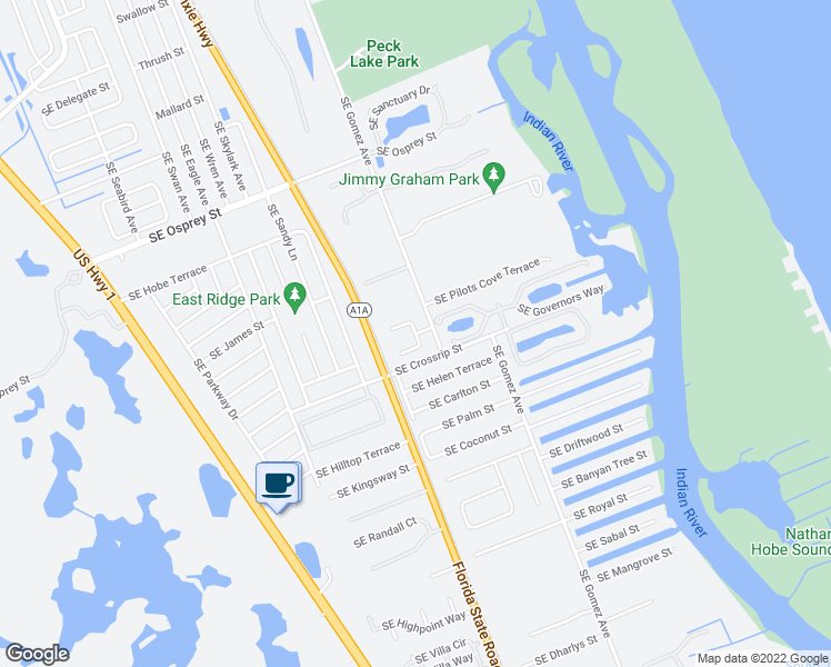 map of restaurants, bars, coffee shops, grocery stores, and more near 8080 Southeast Orchard Terrace in Hobe Sound