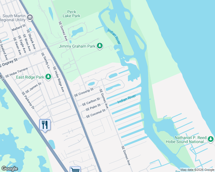 map of restaurants, bars, coffee shops, grocery stores, and more near 8843 Southeast Marina Bay Drive in Hobe Sound