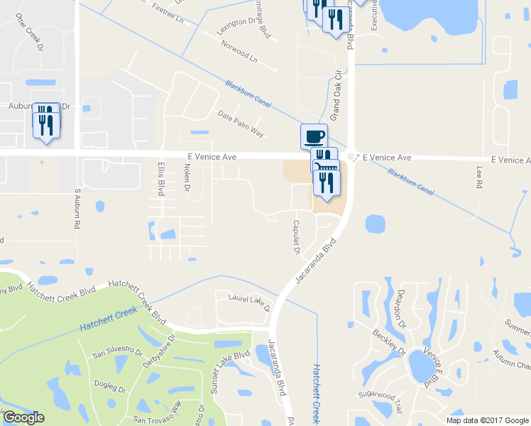map of restaurants, bars, coffee shops, grocery stores, and more near 2199 Terracina Drive in Venice