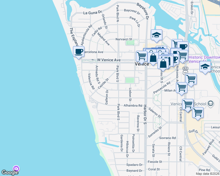 map of restaurants, bars, coffee shops, grocery stores, and more near 605 Armada Road South in Venice