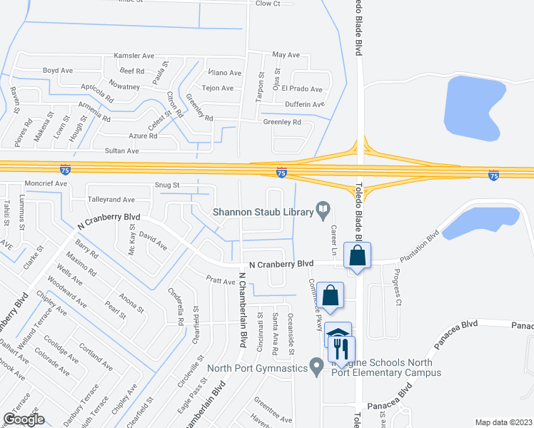 map of restaurants, bars, coffee shops, grocery stores, and more near 4883 Laramie Circle in North Port