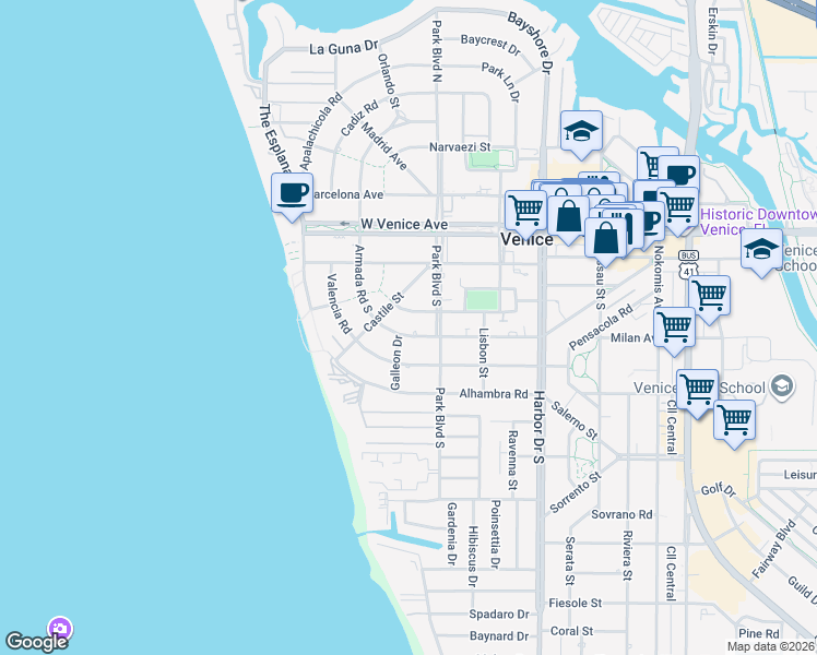 map of restaurants, bars, coffee shops, grocery stores, and more near 605 Armada Road South in Venice