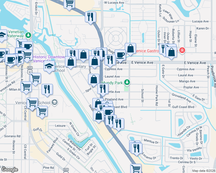 map of restaurants, bars, coffee shops, grocery stores, and more near 725 Myrtle Avenue in Venice
