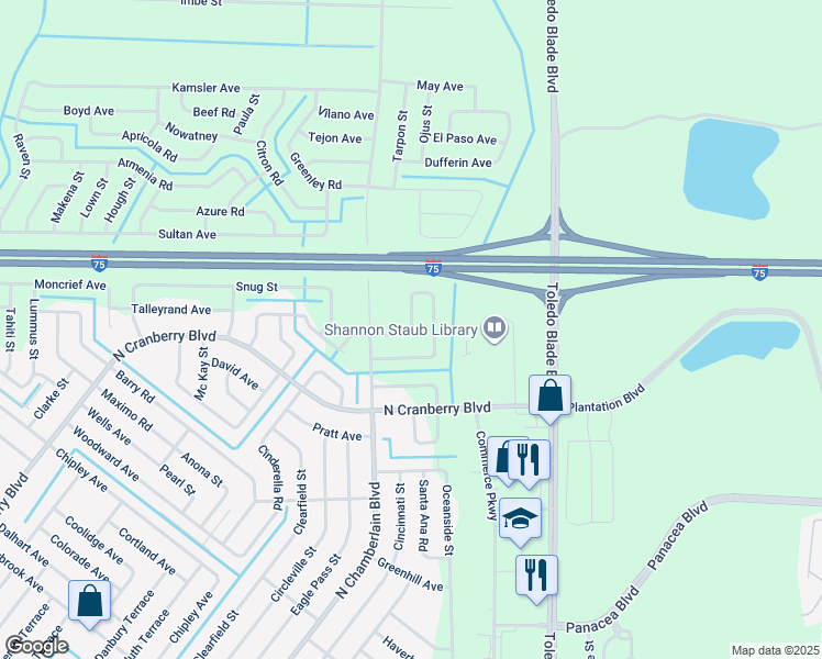 map of restaurants, bars, coffee shops, grocery stores, and more near 4850 Laramie Circle in North Port