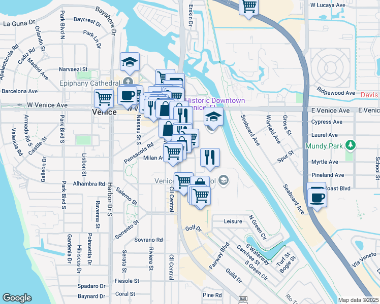 map of restaurants, bars, coffee shops, grocery stores, and more near 113 Milan Avenue East in Venice