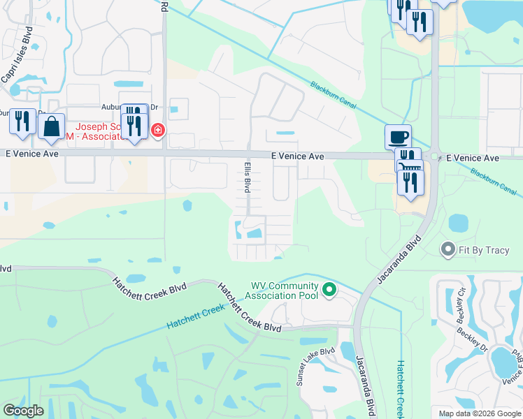 map of restaurants, bars, coffee shops, grocery stores, and more near 2496 Sylvia Lane in Venice