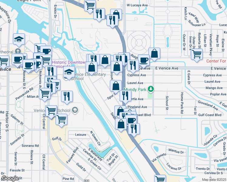 map of restaurants, bars, coffee shops, grocery stores, and more near 233 Warfield Avenue in Venice