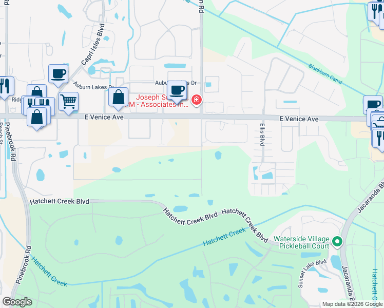 map of restaurants, bars, coffee shops, grocery stores, and more near 91 South Auburn Road in Venice