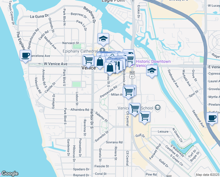 map of restaurants, bars, coffee shops, grocery stores, and more near 251 Nassau Street South in Venice