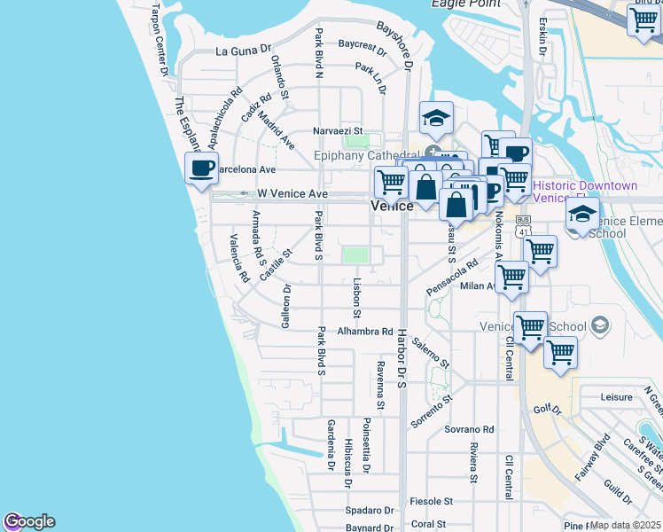 map of restaurants, bars, coffee shops, grocery stores, and more near 456 Palmetto Court in Venice