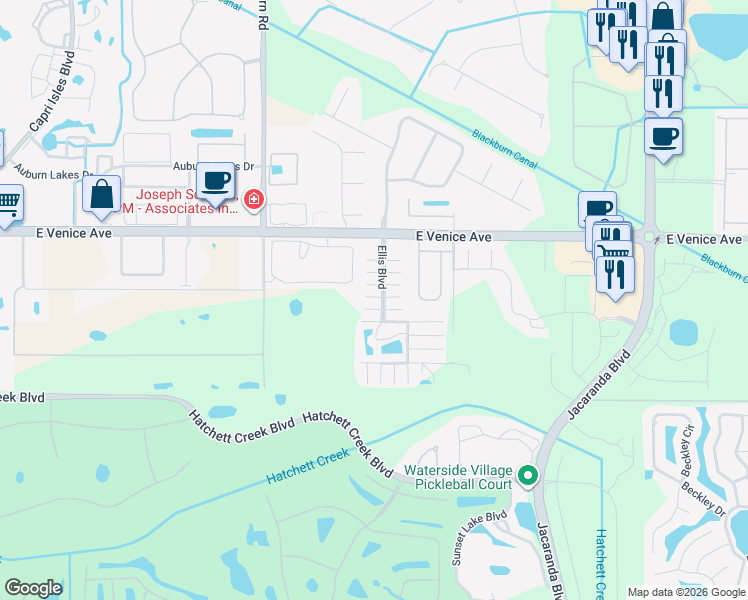 map of restaurants, bars, coffee shops, grocery stores, and more near 2487 Gertrude Lane in Venice