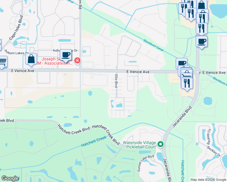 map of restaurants, bars, coffee shops, grocery stores, and more near 2487 Gertrude Lane in Venice