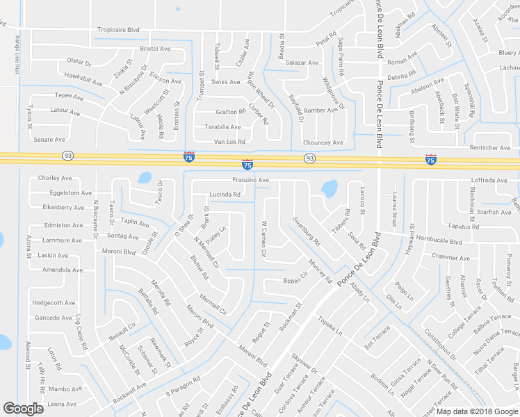 map of restaurants, bars, coffee shops, grocery stores, and more near 7459 West Cameo Circle in North Port
