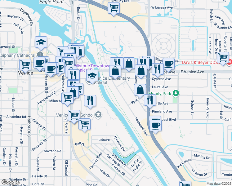 map of restaurants, bars, coffee shops, grocery stores, and more near 202 Seaboard Ave in Venice