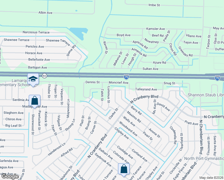 map of restaurants, bars, coffee shops, grocery stores, and more near 4871 Lummus Street in North Port