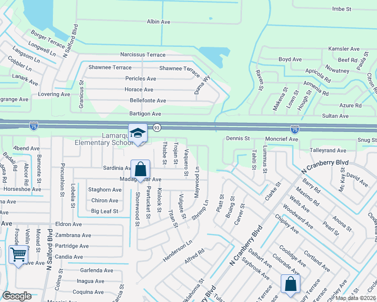 map of restaurants, bars, coffee shops, grocery stores, and more near 4725 Lamarque Avenue in North Port