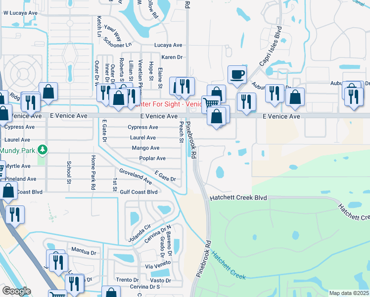 map of restaurants, bars, coffee shops, grocery stores, and more near 309 Peach Street in Venice