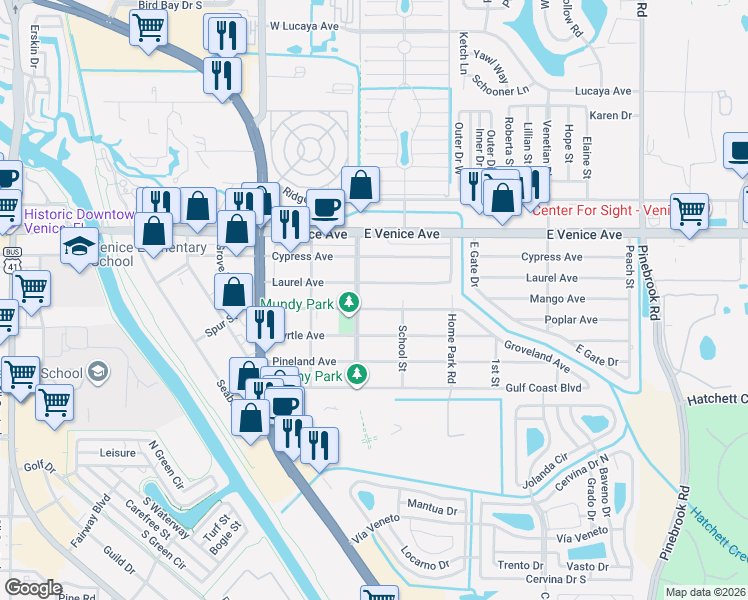map of restaurants, bars, coffee shops, grocery stores, and more near 900 Laurel Avenue in Venice