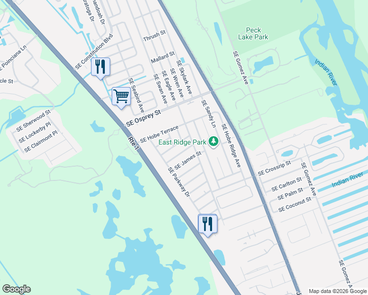 map of restaurants, bars, coffee shops, grocery stores, and more near 7388 Southeast Bruce Terrace in Hobe Sound