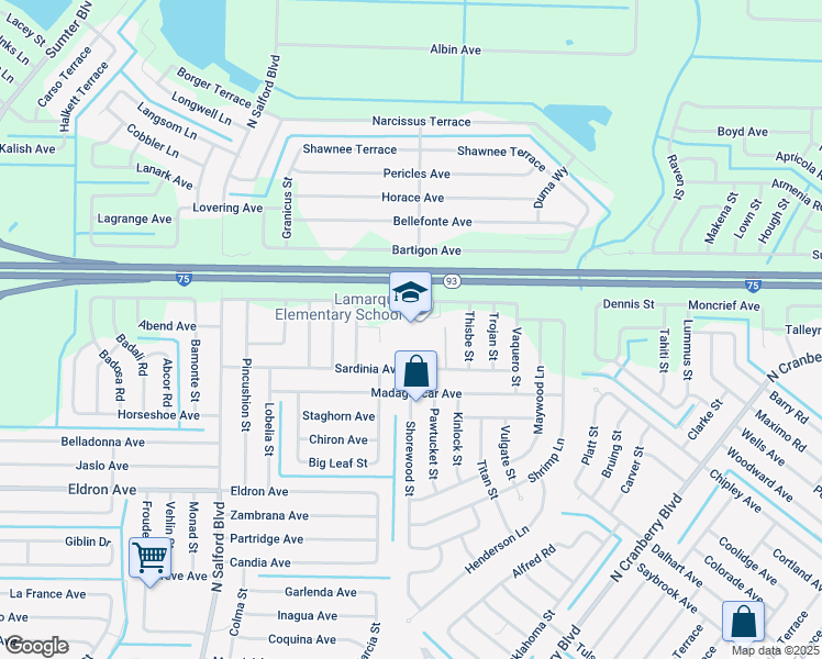 map of restaurants, bars, coffee shops, grocery stores, and more near 3415 Lamarque Avenue in North Port