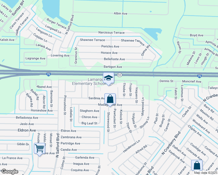 map of restaurants, bars, coffee shops, grocery stores, and more near 3415 Lamarque Avenue in North Port