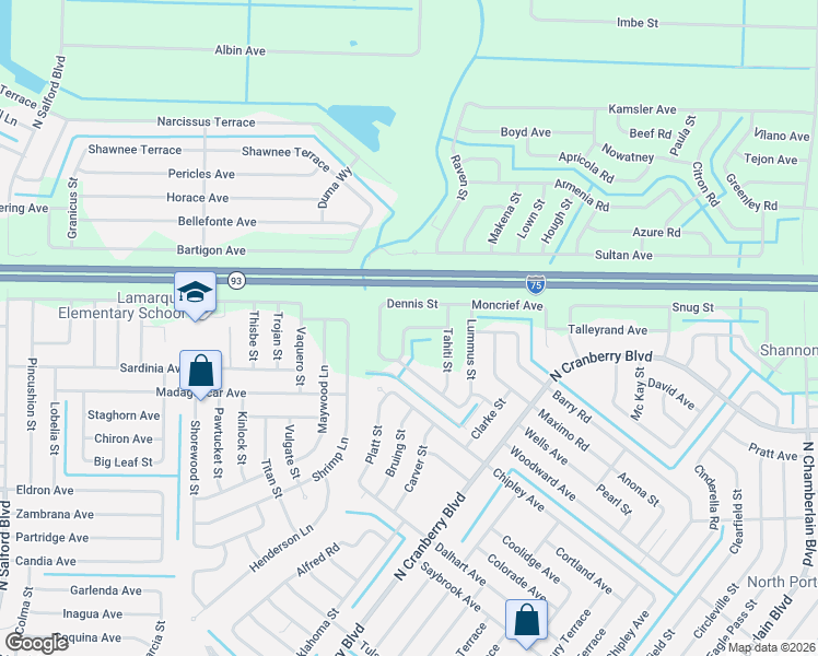 map of restaurants, bars, coffee shops, grocery stores, and more near Lutz Road in North Port