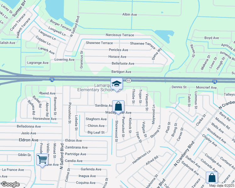 map of restaurants, bars, coffee shops, grocery stores, and more near 3415 Lamarque Avenue in North Port
