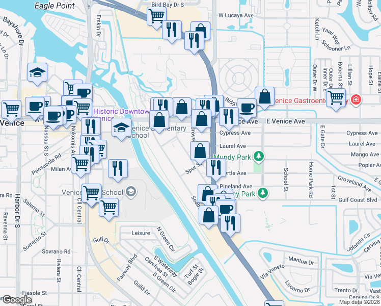 map of restaurants, bars, coffee shops, grocery stores, and more near 237 Warfield Avenue in Venice