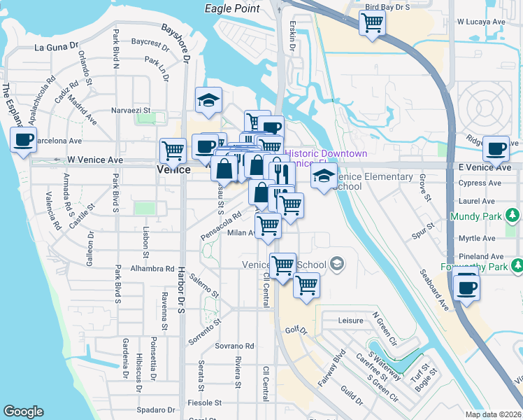 map of restaurants, bars, coffee shops, grocery stores, and more near 226 Nokomis Avenue South in Venice