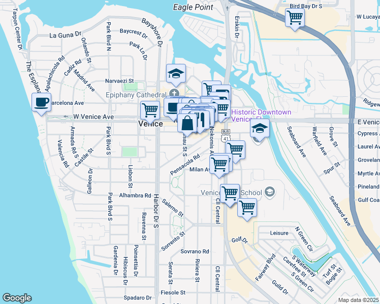 map of restaurants, bars, coffee shops, grocery stores, and more near 247 Ponce De Leon Avenue in Venice