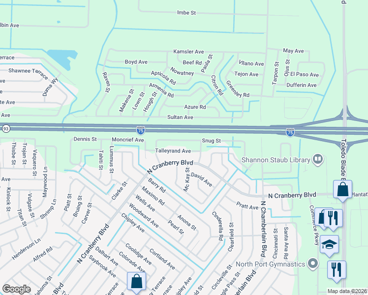 map of restaurants, bars, coffee shops, grocery stores, and more near 2692 Talleyrand Avenue in North Port