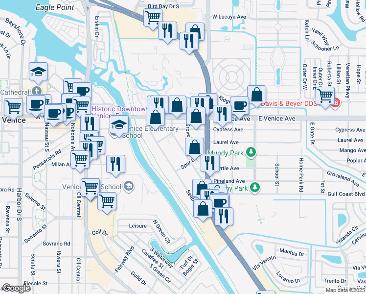 map of restaurants, bars, coffee shops, grocery stores, and more near 233 Warfield Avenue in Venice