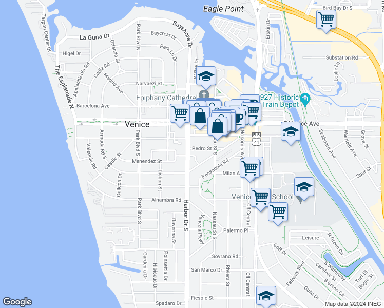 map of restaurants, bars, coffee shops, grocery stores, and more near 229 Harbor Drive South in Venice