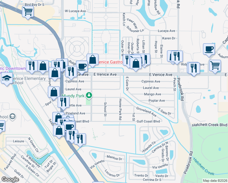 map of restaurants, bars, coffee shops, grocery stores, and more near 1020 Laurel Avenue in Venice