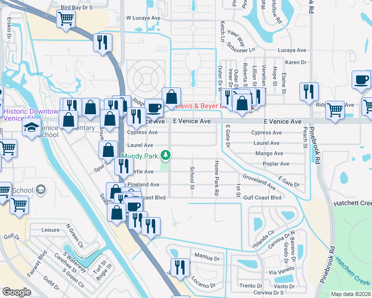 map of restaurants, bars, coffee shops, grocery stores, and more near 928 Laurel Avenue in Venice