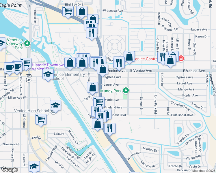 map of restaurants, bars, coffee shops, grocery stores, and more near 724 Laurel Avenue in Venice