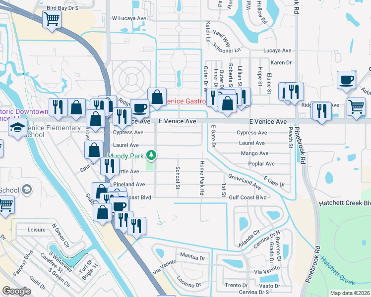 map of restaurants, bars, coffee shops, grocery stores, and more near 1020 Laurel Avenue in Venice