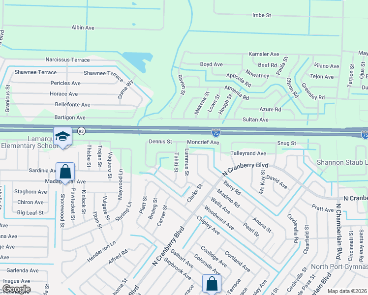 map of restaurants, bars, coffee shops, grocery stores, and more near 4871 Lummus Street in North Port