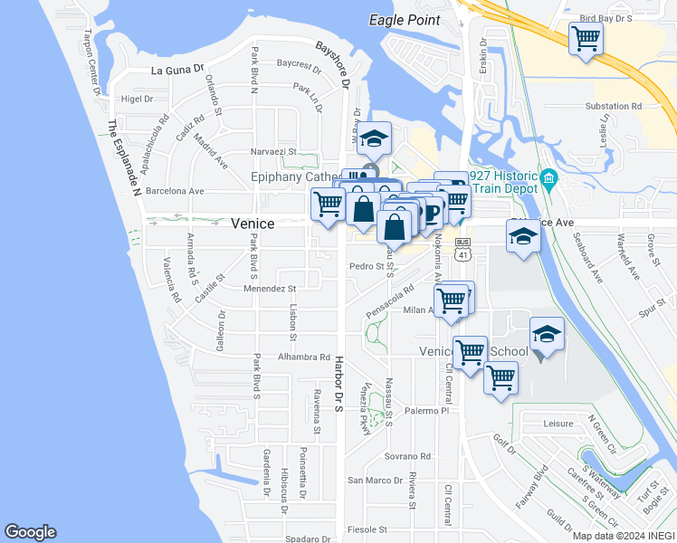 map of restaurants, bars, coffee shops, grocery stores, and more near 218 Harbor Drive South in Venice