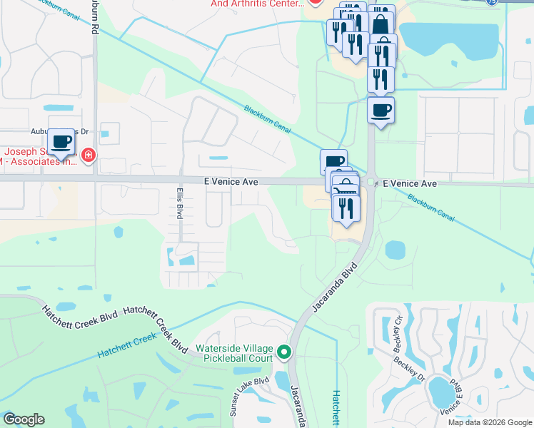 map of restaurants, bars, coffee shops, grocery stores, and more near 2199 Terracina Drive in Venice